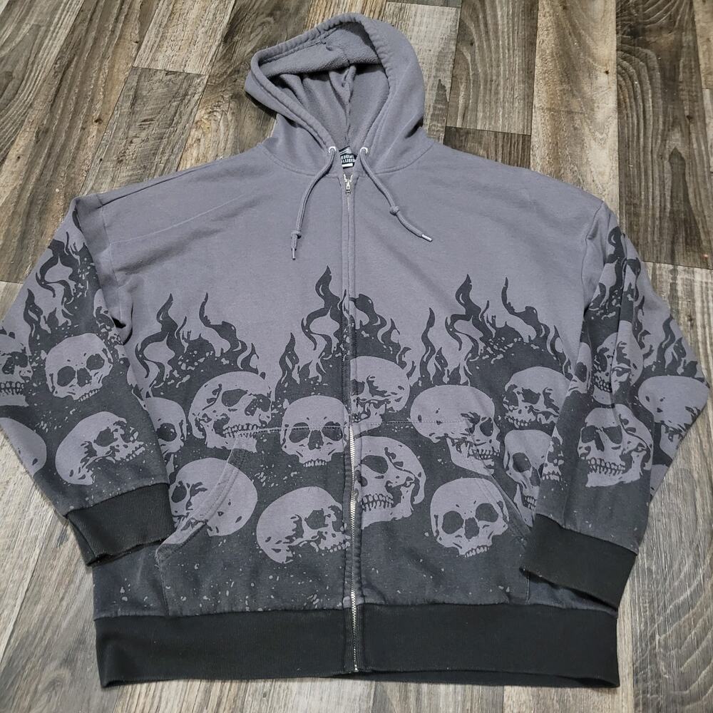 Social Collision Stack Of Skulls Gray Hoodie Men’s Size Medium Y2K Mall Goth